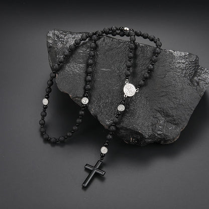 AMUSOUL St. Benedict Medal & Cross of 8 mm Round Black Multi-material Nylon Cord Rosary