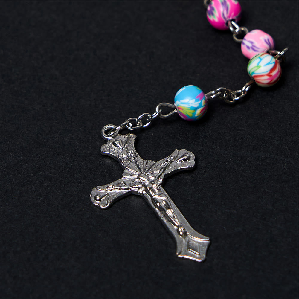 AMUSOUL Our Lady of Guadalupe & Crucifix of 6 mm Round Multicolor Polymer Clay Alloy Chain Rosary