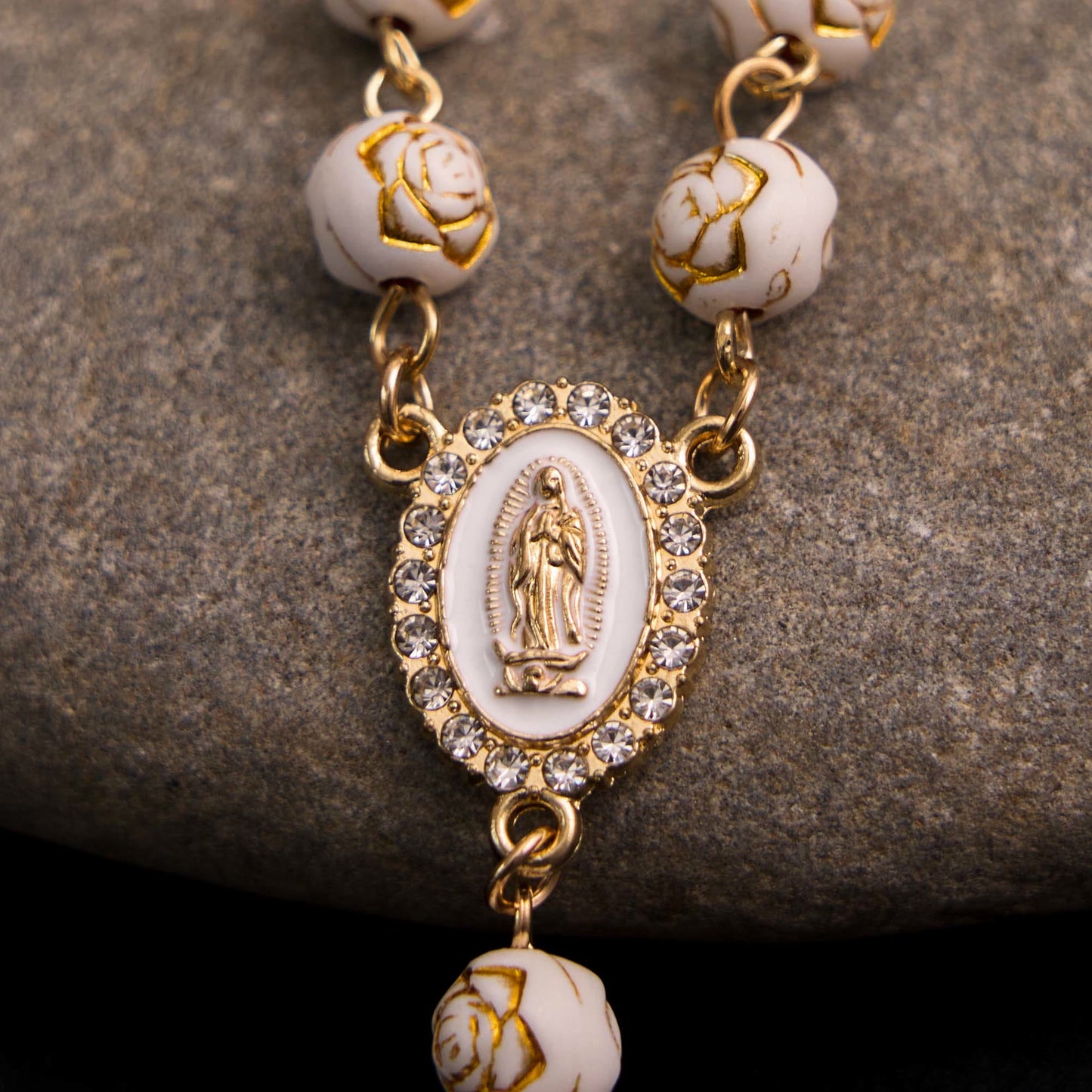 AMUSOUL Rose Beads Cross Our Lady Of Guadalupe Bracelet Rosary