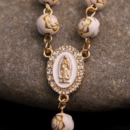 AMUSOUL Rose Beads Cross Our Lady Of Guadalupe Bracelet Rosary