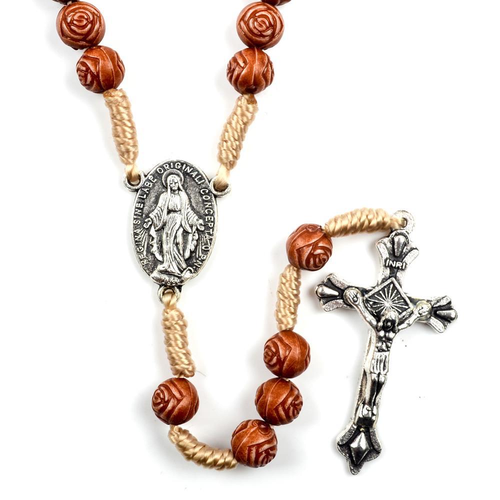 AMUSOUL Handmade Rose-Shaped Wooden Bead Rosary: Miraculous Medal & Crucifix