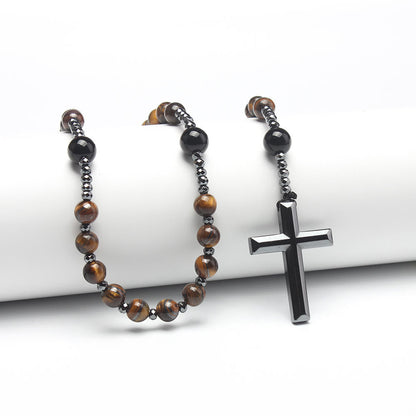 AMUSOUL Agate/Tiger's Eye Stone Cross Catholic Rosary