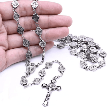 AMUSOUL St. Benedict Medal & Crucifix of 8 mm Polyhedron Silver Metal Alloy Chain Rosary