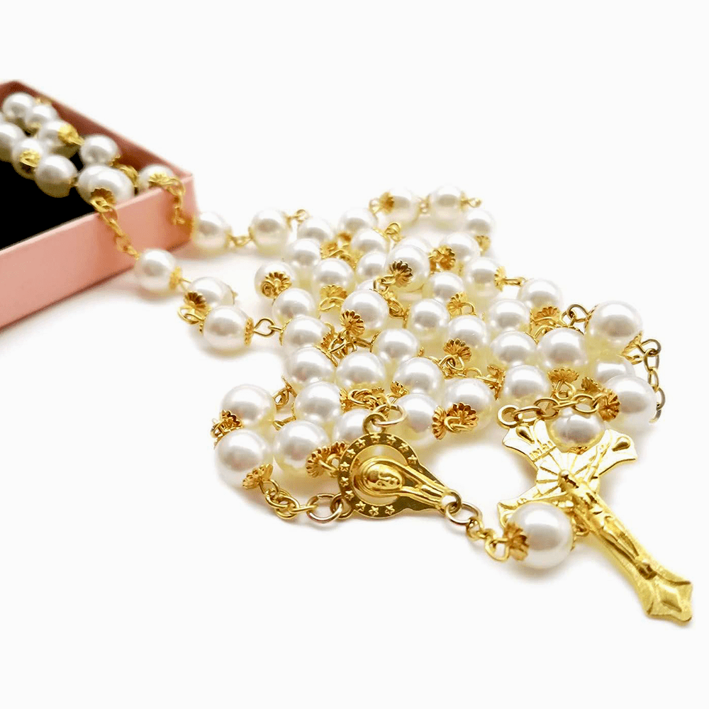 AMUSOUL White Pearl Beads Catholic Blessing Rosary