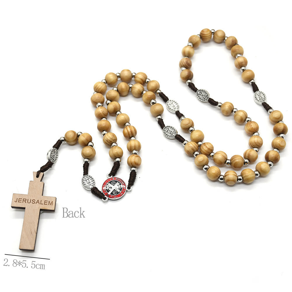 AMUSOUL Crucifix Jesus St. Benedict Weave Pine Wood Beads Rosary