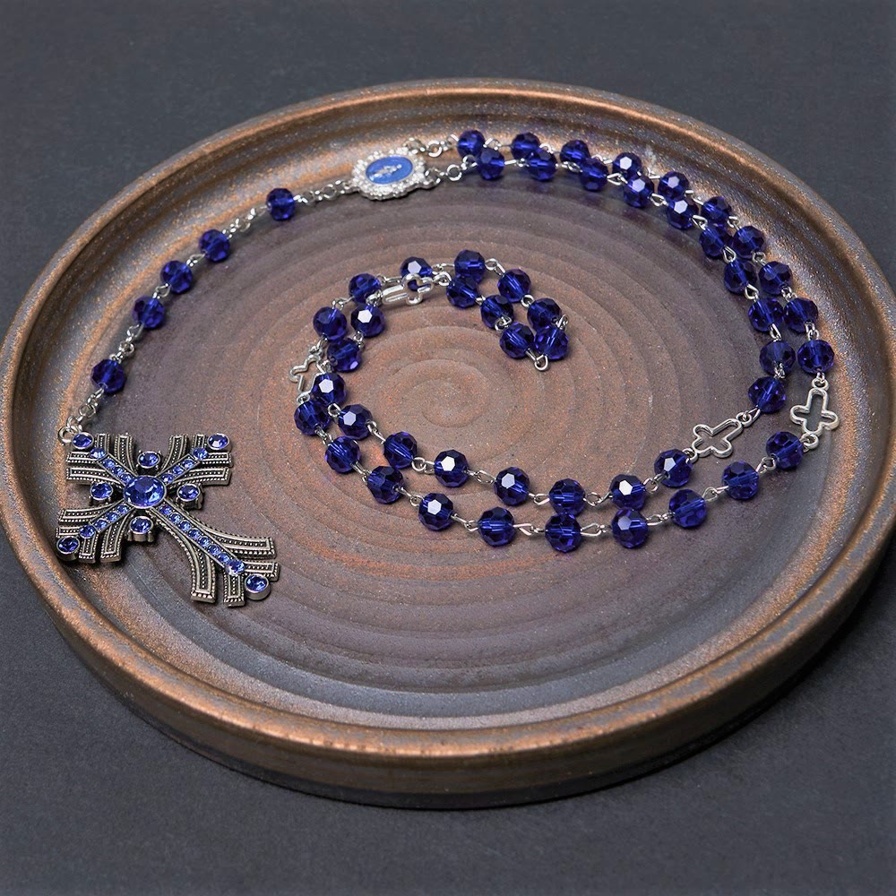 AMUSOUL  Miraculous Medal & Cross of 8 mm Polyhedron Blue Crystal Alloy Chain Rosary