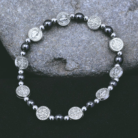 AMUSOUL  Black Gallstone St. Benedict Rosary Bracelet