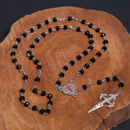 AMUSOUL Crucifix of 6 mm Polyhedron Black Crystal Alloy Chain Rosary