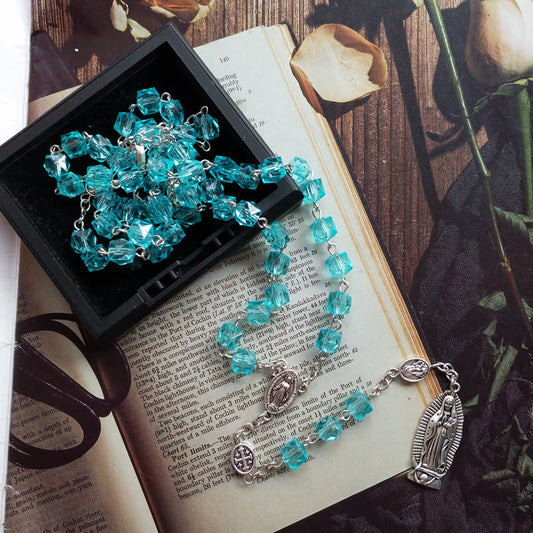 AMUSOUL  Miraculous Medal & Our Lady of Guadalupe of 8 mm Polyhedron Blue Crystal Alloy Chain Rosary