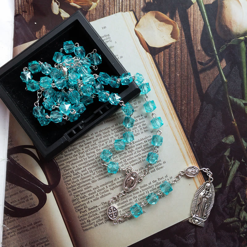 AMUSOUL  Miraculous Medal & Our Lady of Guadalupe of 8 mm Polyhedron Blue Crystal Alloy Chain Rosary