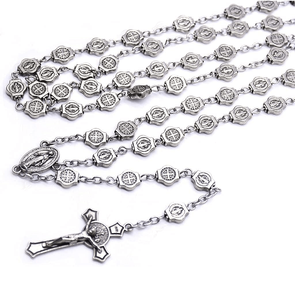 AMUSOUL St. Benedict Medal & Crucifix of 8 mm Polyhedron Silver Metal Alloy Chain Rosary