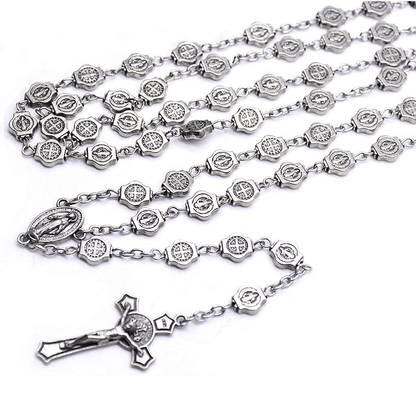 AMUSOUL St. Benedict Medal & Crucifix of 8 mm Polyhedron Silver Metal Alloy Chain Rosary