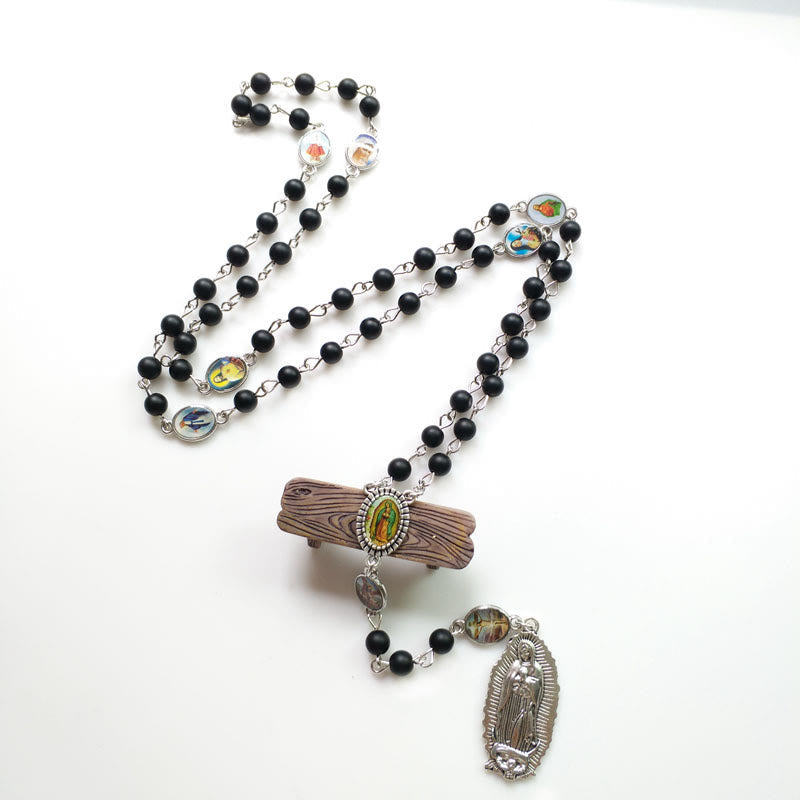 AMUSOUL Our Lady of Guadalupe of 6 mm Round Black Agate Alloy Chain Rosary