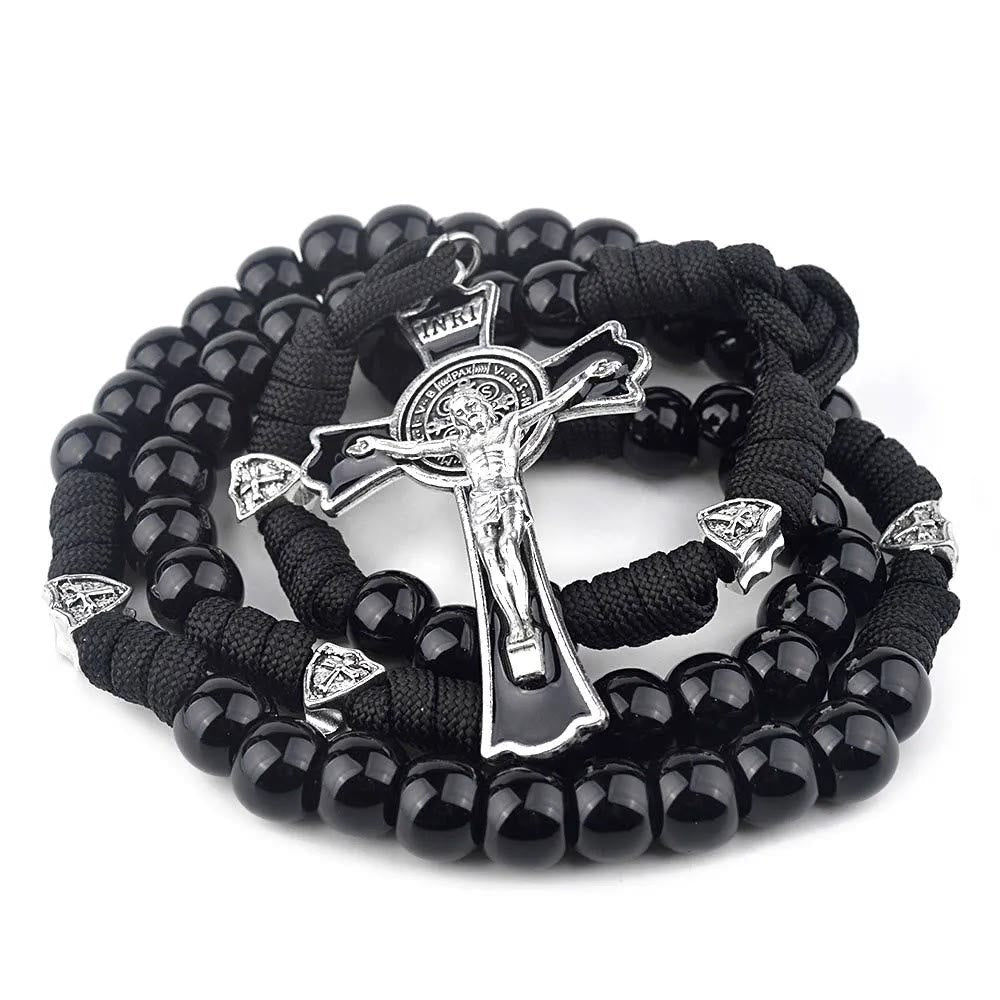 AMUSOUL Fine Crafted Black Sturdy Umbrella Cord Crucifix Rosary
