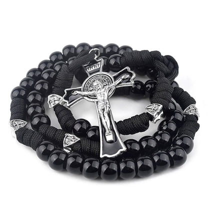 AMUSOUL Fine Crafted Black Sturdy Umbrella Cord Crucifix Rosary