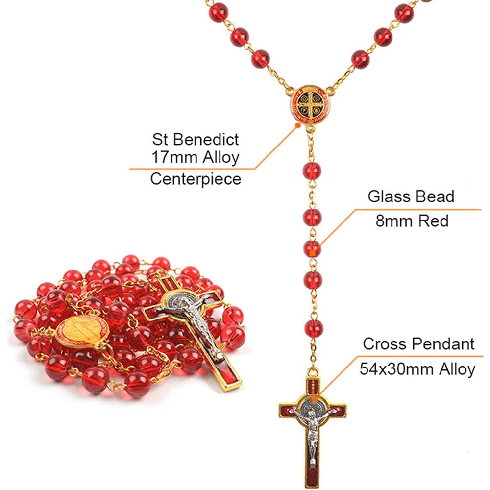 AMUSOUL St. Benedict Centerpiece Red Glass Beads Cross Rosary