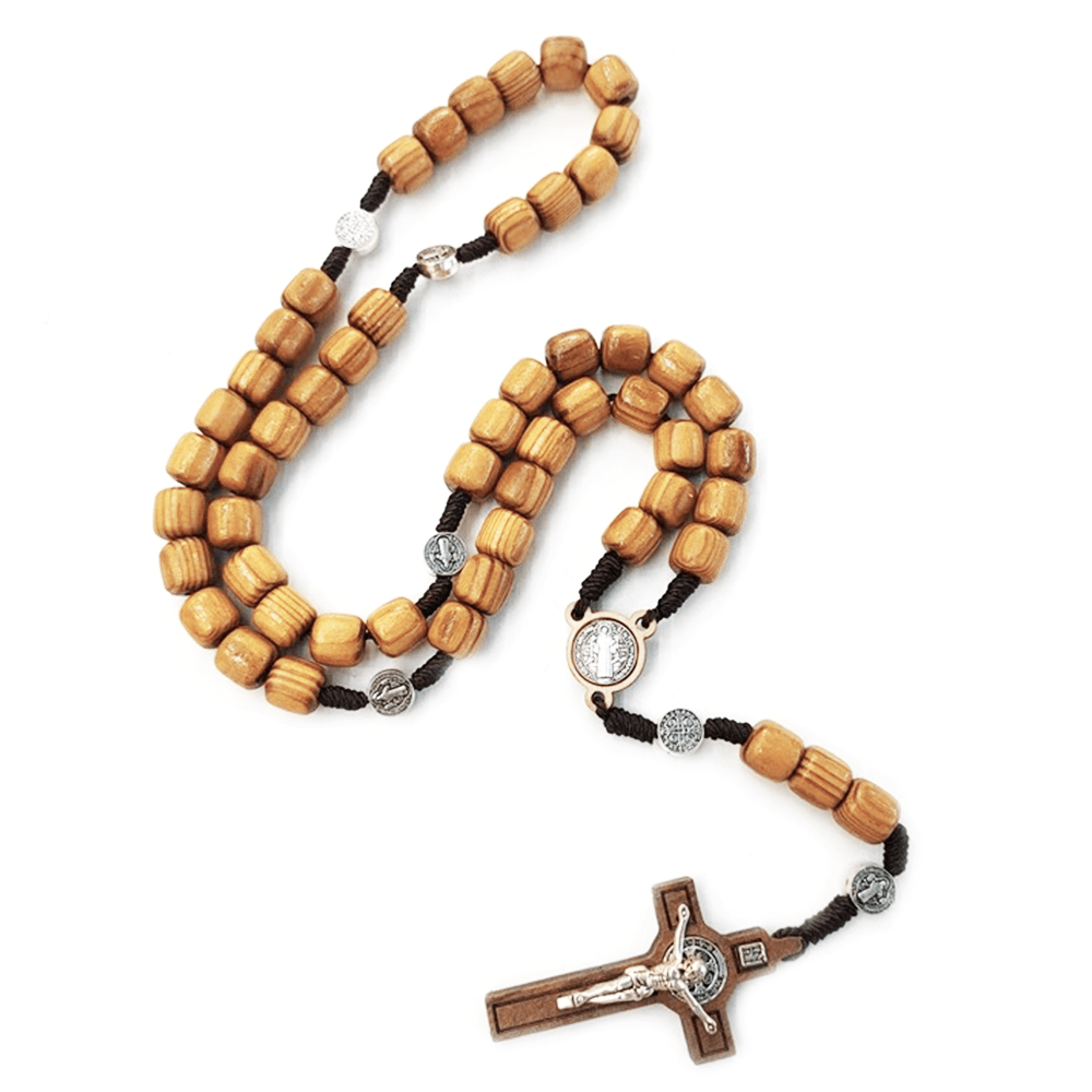AMUSOUL Crafted Natural Wood St. Benedict Crucifix Rosary