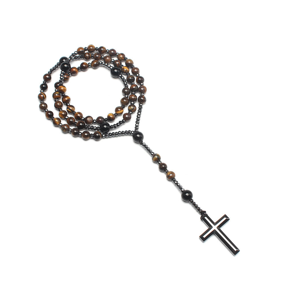 AMUSOUL Agate/Tiger's Eye Stone Cross Catholic Rosary