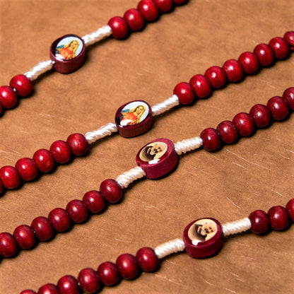 AMUSOUL Wine Red Wooden Beads Cross Virgin Mary Hand Held Rosary