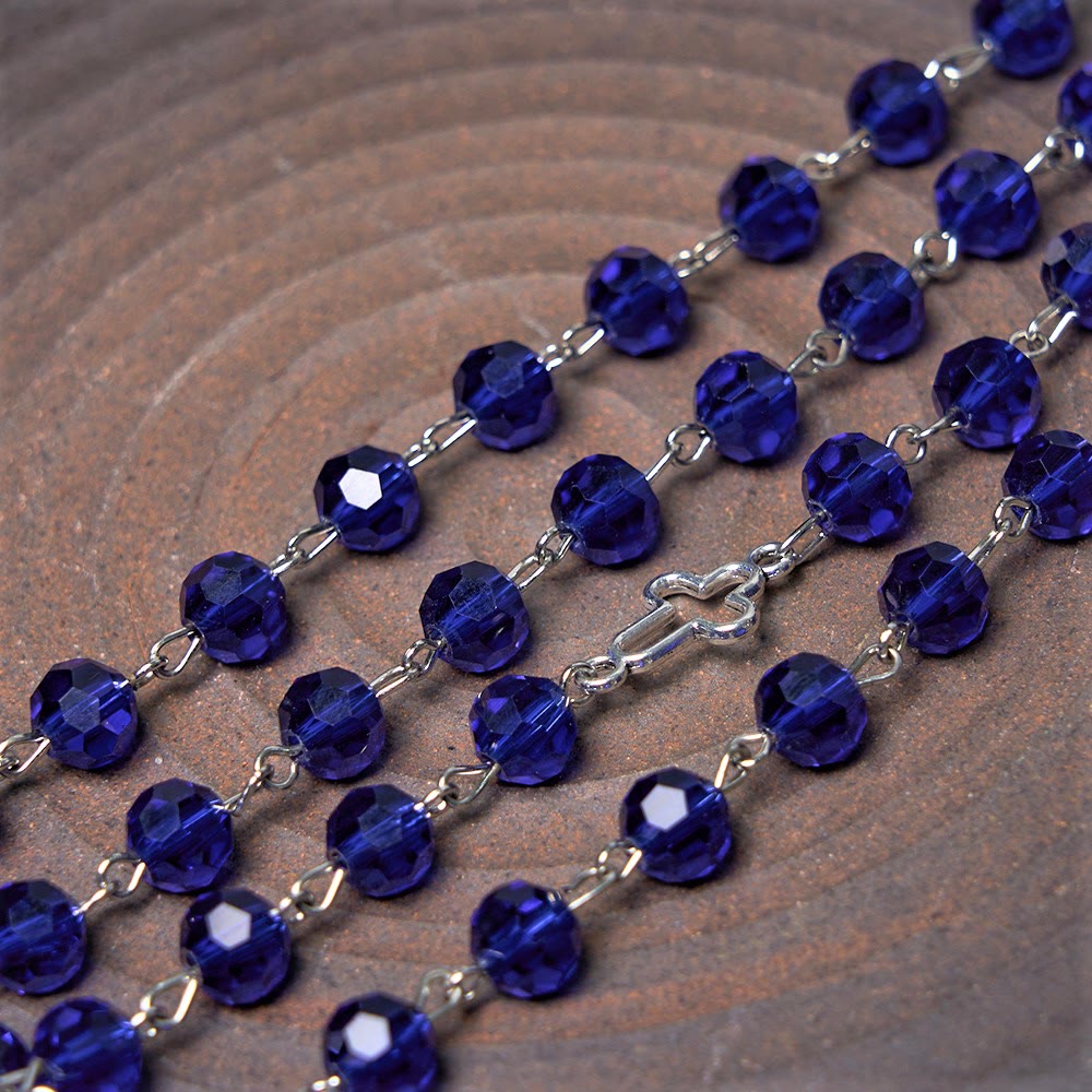 AMUSOUL  Miraculous Medal & Cross of 8 mm Polyhedron Blue Crystal Alloy Chain Rosary
