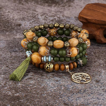 AMUSOUL Tree of Life Wooden Beaded Bracelet – Boho Faith-Inspired Multi-Layer Design