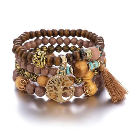 AMUSOUL Tree of Life Wooden Beaded Bracelet – Boho Faith-Inspired Multi-Layer Design