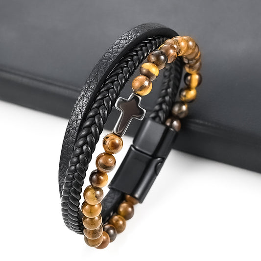 AMUSOUL Guardian Cross Tiger Eye Stone Bracelet – Double Guardian