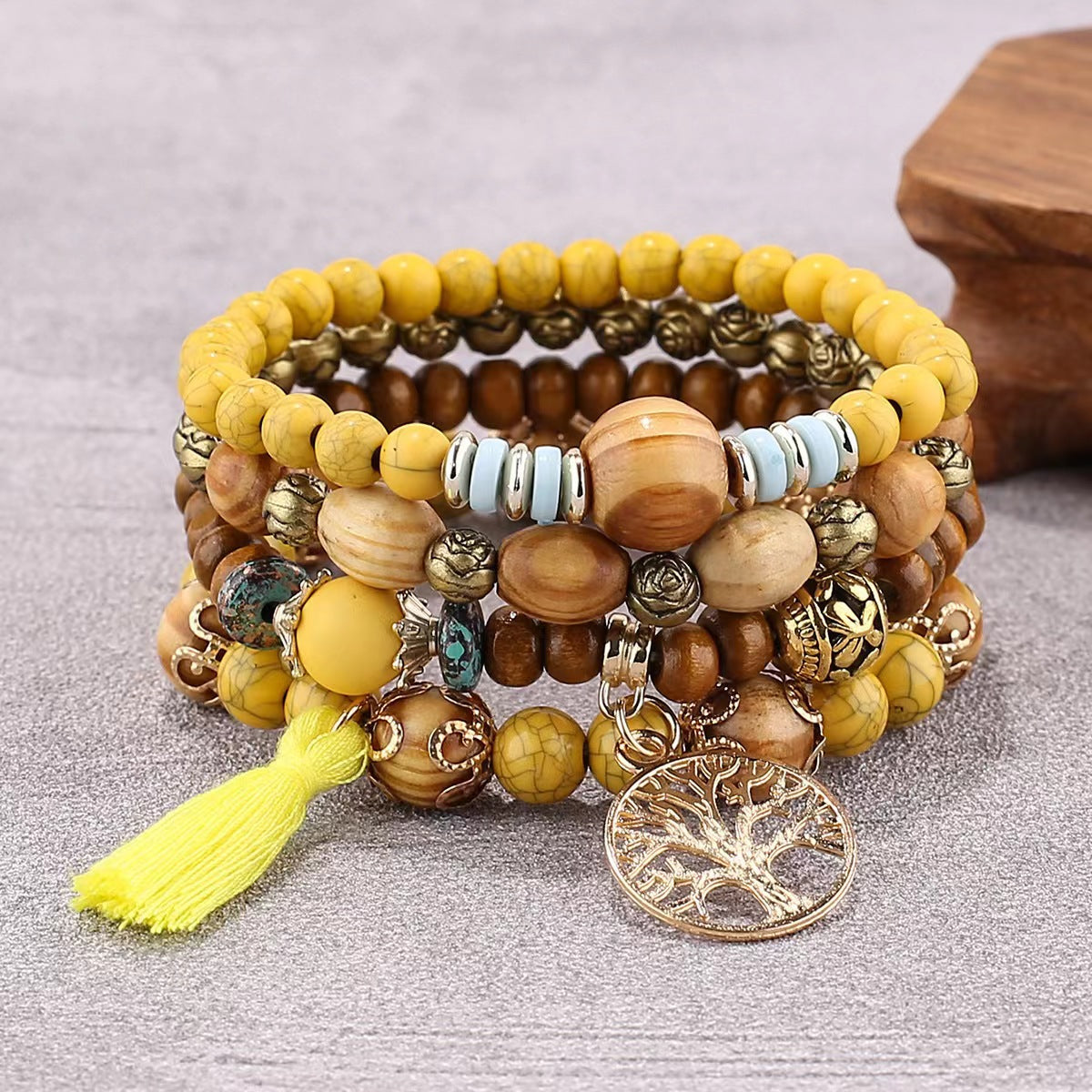 AMUSOUL Tree of Life Wooden Beaded Bracelet – Boho Faith-Inspired Multi-Layer Design