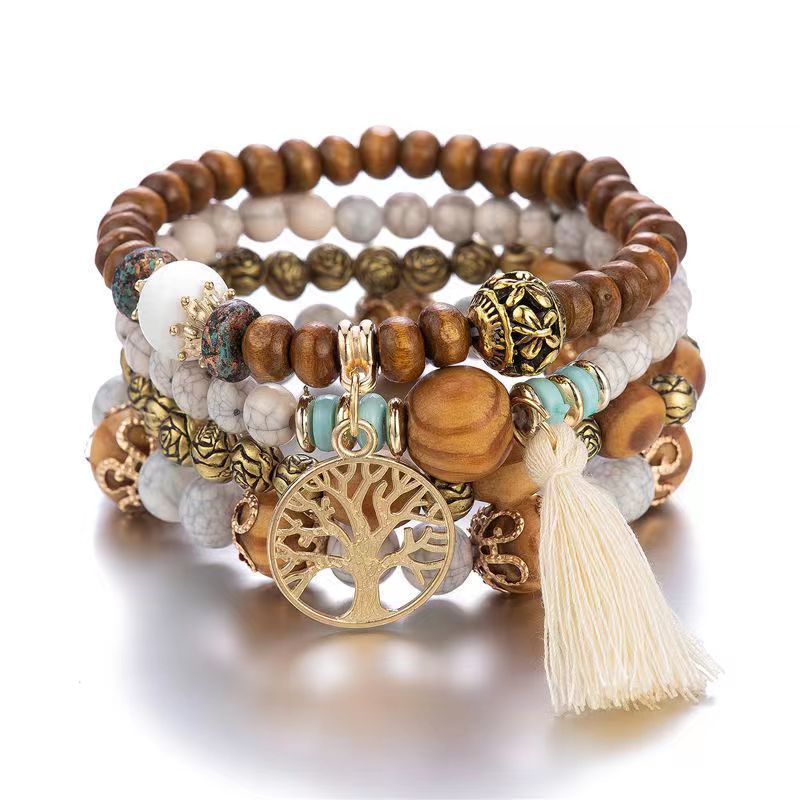 AMUSOUL Tree of Life Wooden Beaded Bracelet – Boho Faith-Inspired Multi-Layer Design