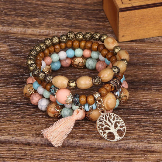 AMUSOUL Tree of Life Wooden Beaded Bracelet – Boho Faith-Inspired Multi-Layer Design