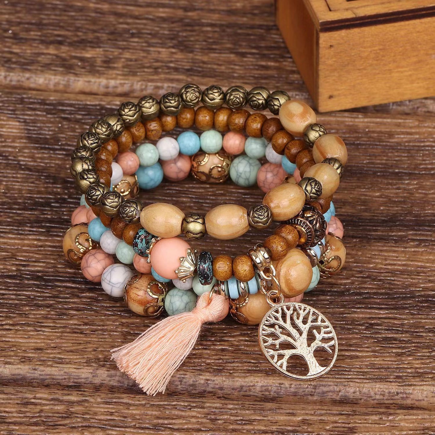 AMUSOUL Tree of Life Wooden Beaded Bracelet – Boho Faith-Inspired Multi-Layer Design