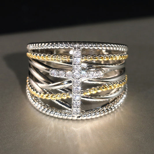 AMUSOUL Dual-Tone Cross Ring – Layered X Design Faith-Inspired Band