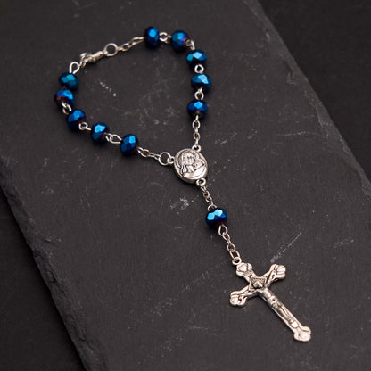 AMUSOUL Blue Crystal Gemstone Virgin Mary Bracelet Rosary