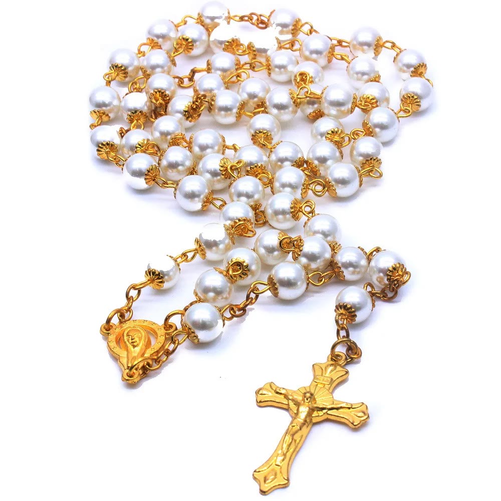 AMUSOUL White Pearl Beads Catholic Blessing Rosary