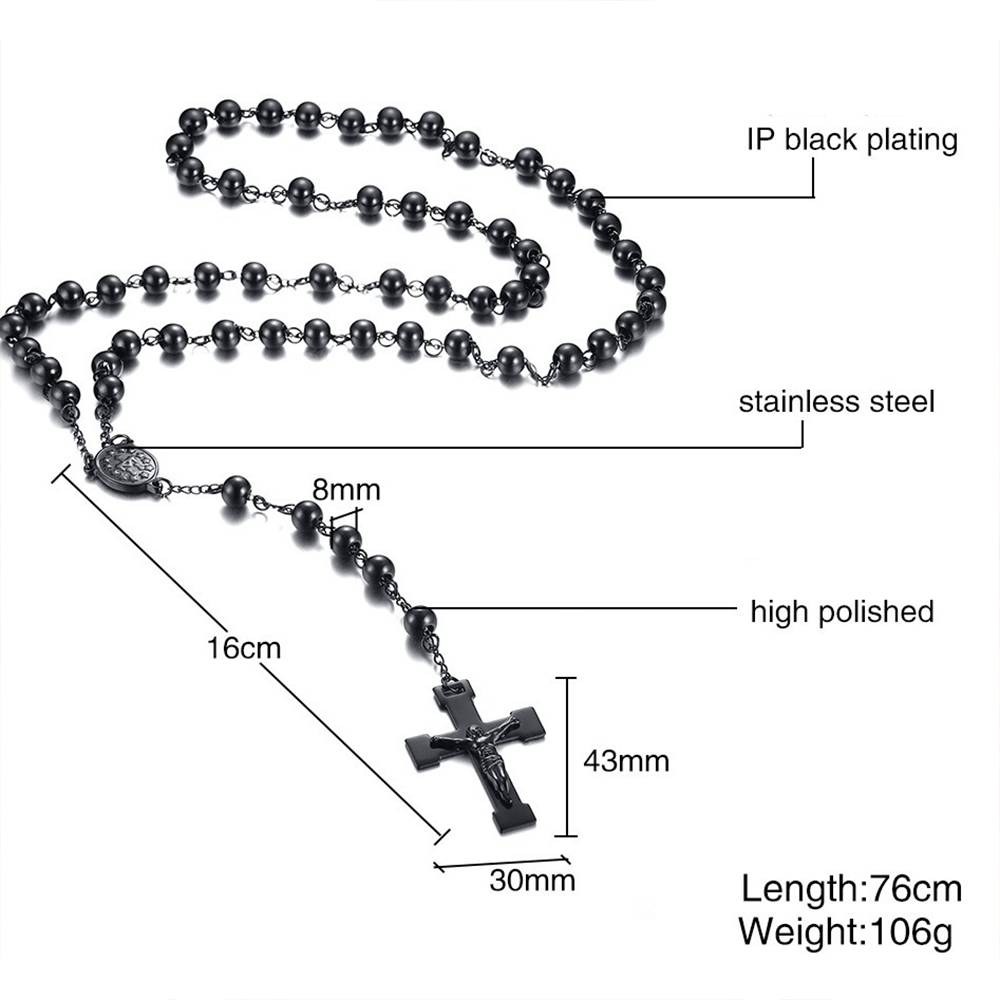 AMUSOUL Our Lady of Grace & Crucifix of 8 mm Round Black Steel Ball Alloy Chain Rosary