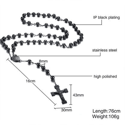 AMUSOUL Our Lady of Grace & Crucifix of 8 mm Round Black Steel Ball Alloy Chain Rosary