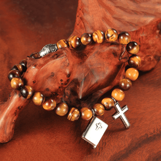 AMUSOUL Bible Cross Tiger Eyes Stone Titanium Bracelet