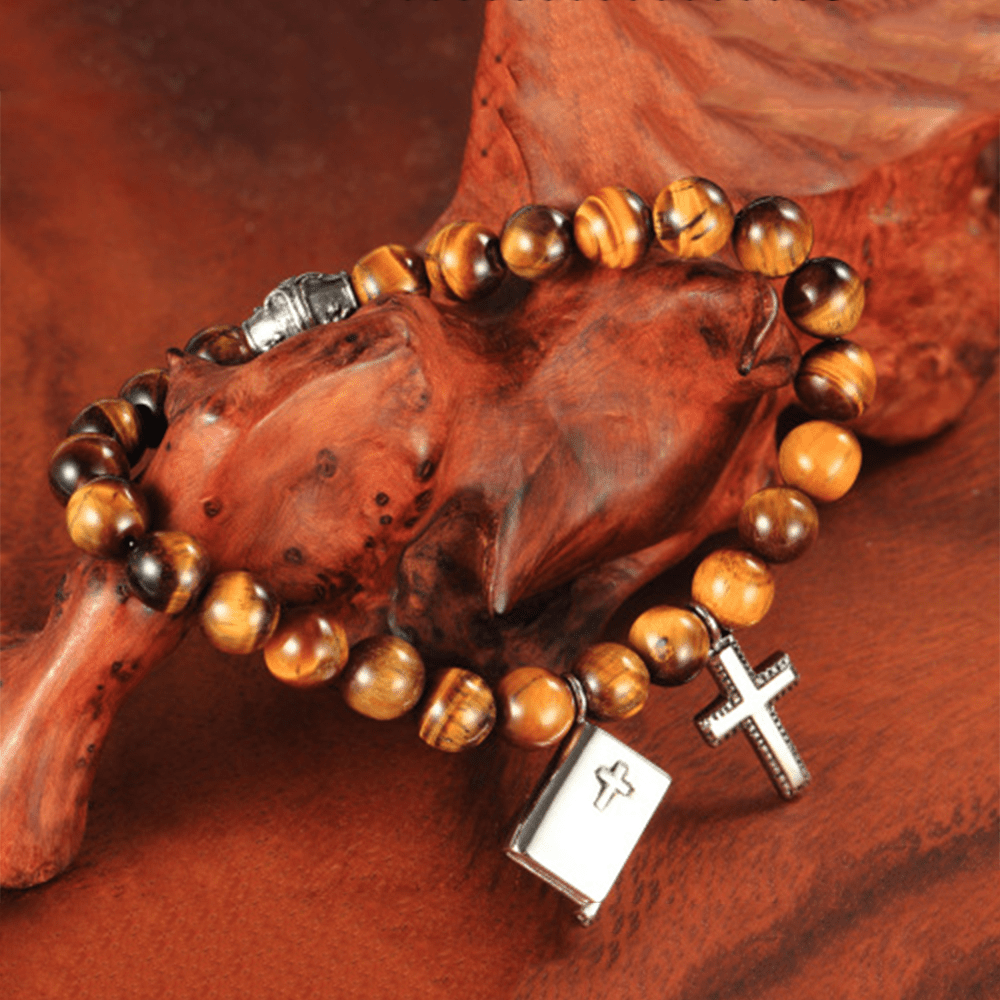 AMUSOUL Bible Cross Tiger Eyes Stone Titanium Bracelet