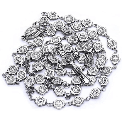 AMUSOUL St. Benedict Medal & Crucifix of 8 mm Polyhedron Silver Metal Alloy Chain Rosary