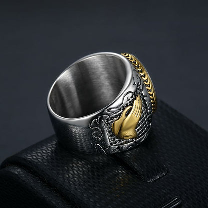 AMUSOUL Retro Cross Hand of God Titanium Religion Ring