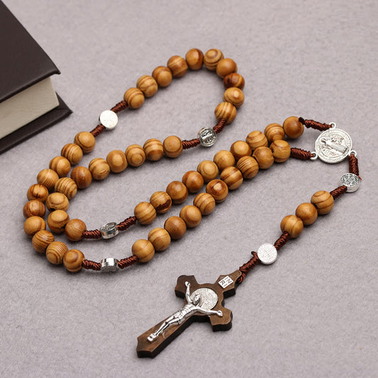 AMUSOUL  Olive Wood Saint Benedict Bead Rosary and Cross