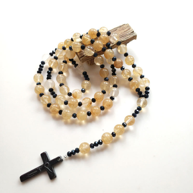AMUSOUL Crucifix 4.8 mm Round Gold Gem Nylon Cord Rosary