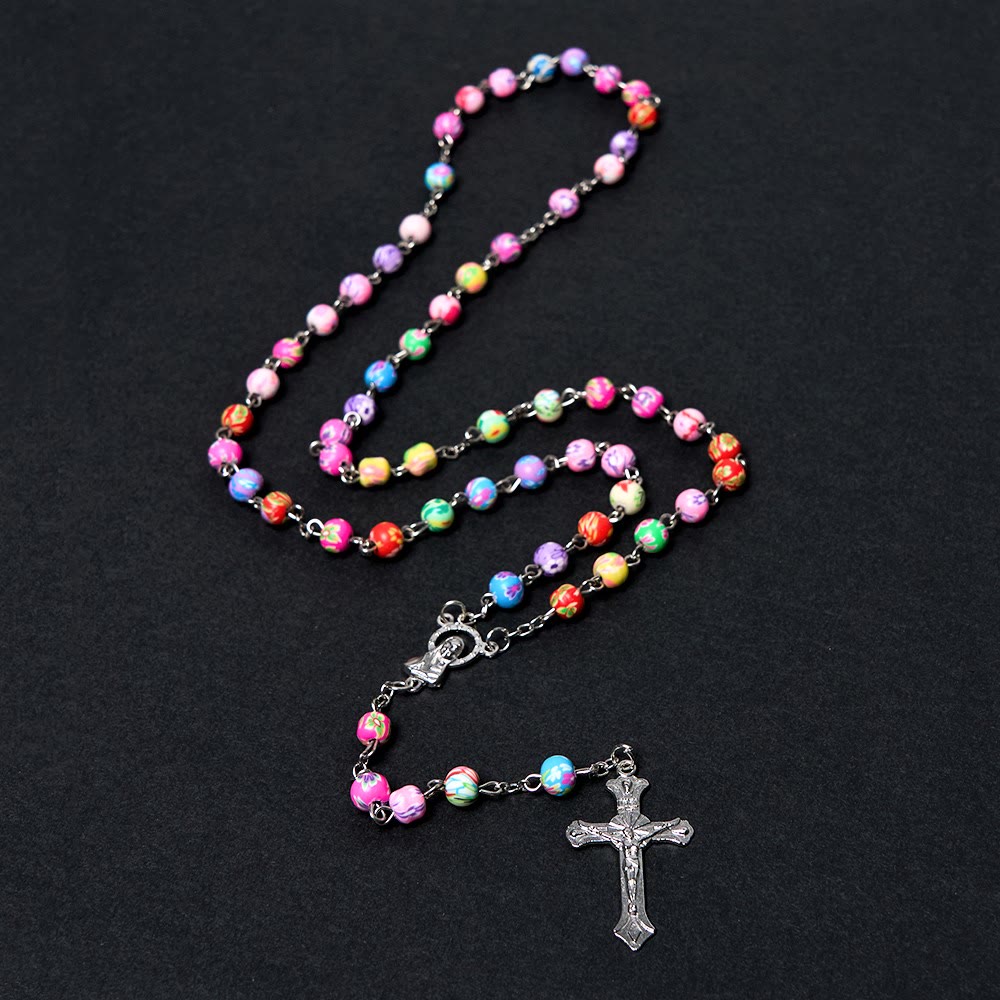 AMUSOUL Our Lady of Guadalupe & Crucifix of 6 mm Round Multicolor Polymer Clay Alloy Chain Rosary