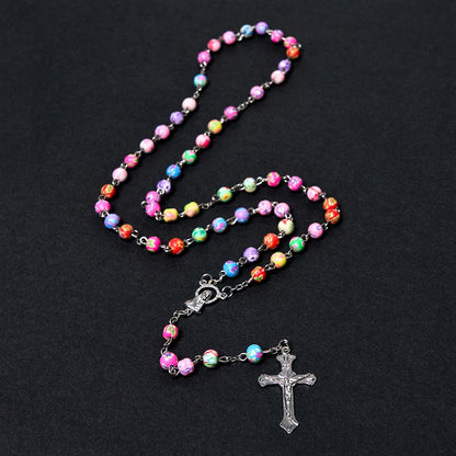 AMUSOUL Our Lady of Guadalupe & Crucifix of 6 mm Round Multicolor Polymer Clay Alloy Chain Rosary