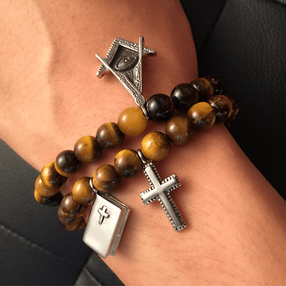 AMUSOUL Bible Cross Tiger Eyes Stone Titanium Bracelet