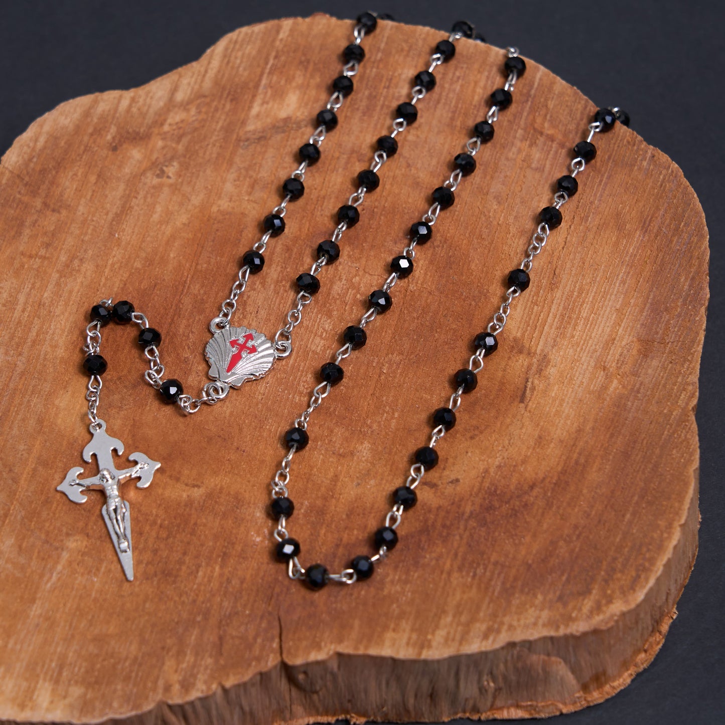 AMUSOUL Crucifix of 6 mm Polyhedron Black Crystal Alloy Chain Rosary