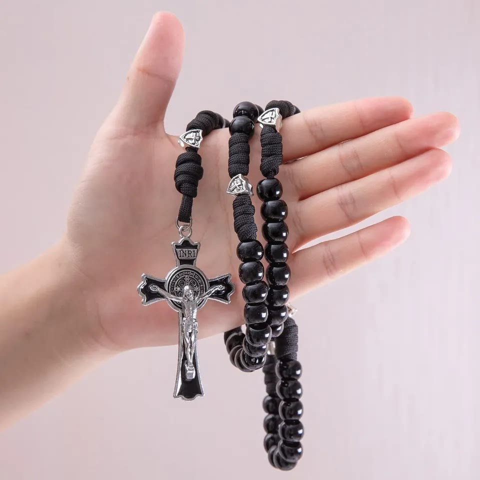 AMUSOUL Fine Crafted Black Sturdy Umbrella Cord Crucifix Rosary