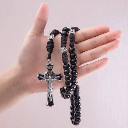 AMUSOUL Fine Crafted Black Sturdy Umbrella Cord Crucifix Rosary