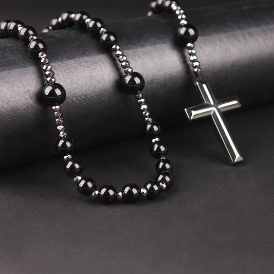AMUSOUL Agate/Tiger's Eye Stone Cross Catholic Rosary