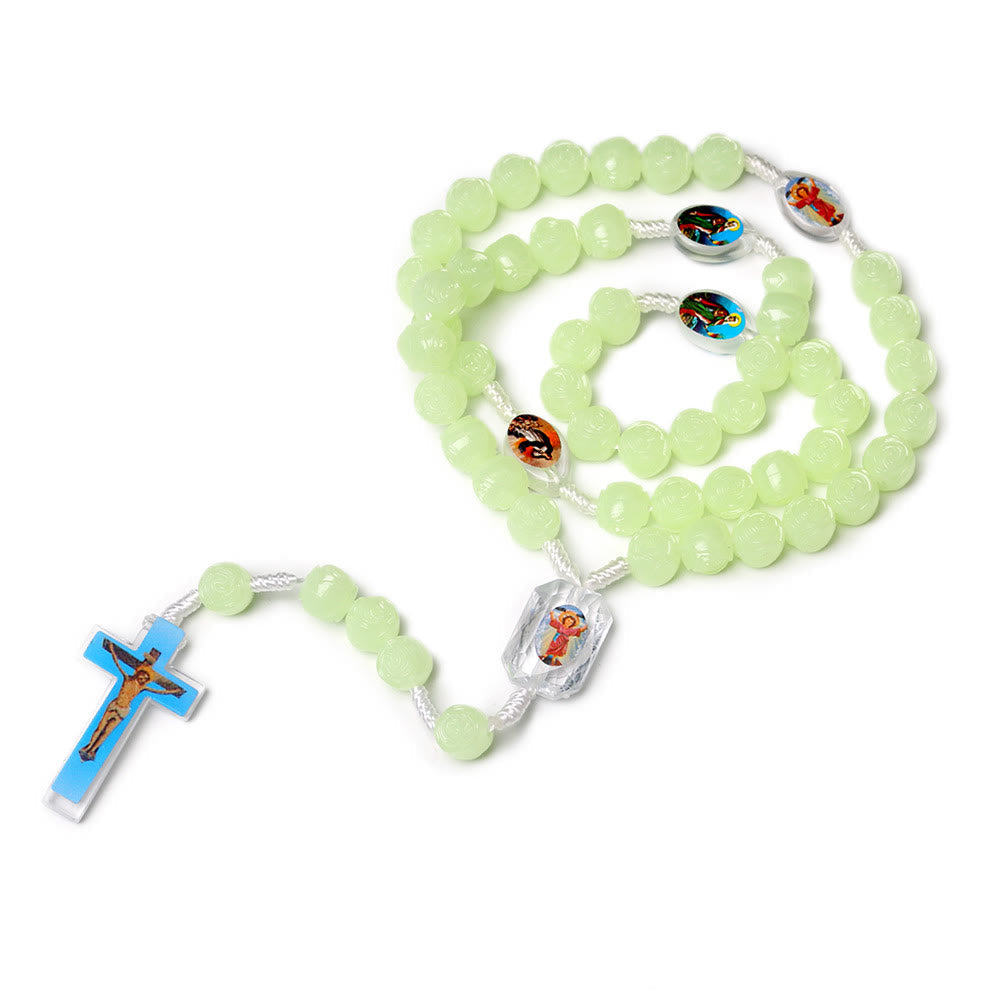 AMUSOUL Crucifix of 10 mm Rose Luminous Green Resin Nylon Cord Rosary